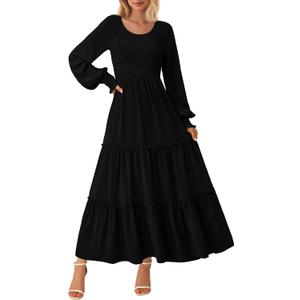PRETTYGARDEN Women's Smocked Maxi Dress Spring Casual Long Sleeve Swiss Dot Ruffle Long Flowy Going Out Dresses with Pockets (Black) XL