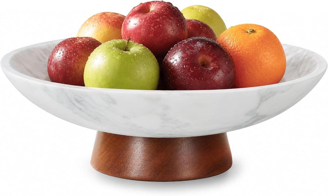Marble Decorative Bowl, 11” Large Centerpiece for Table, Fruit Bowl for Kitchen Counter, Coffee Table or Entryway Decor, Natural Marble with Wood Base, Housewarming Gift - White