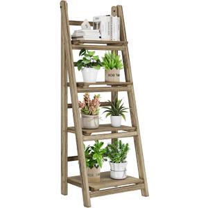 Ladder Shelves - Folding Wooden Ladder Bookshelf, 4-Tier Retro Plant Stand Storage Shelves for Home Living Room, Light Brown