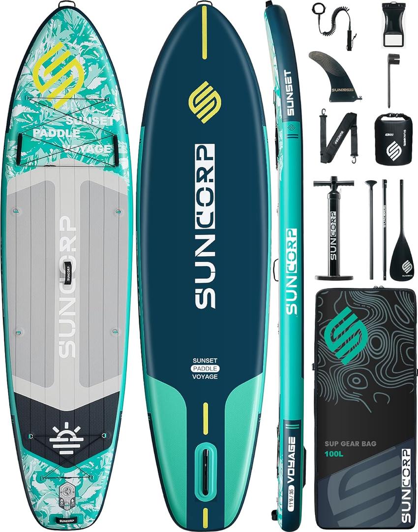 Suncorp 11.6'x35'' Inflatable Paddle Board, Extra Wide Stand-up Paddleboards, 450lbs Capacity, Inflatable SUP, Dual-Action Pump, 100L Backpack, 9 Plus Kits for Family, Fishing, Yoga&All Skill Levels