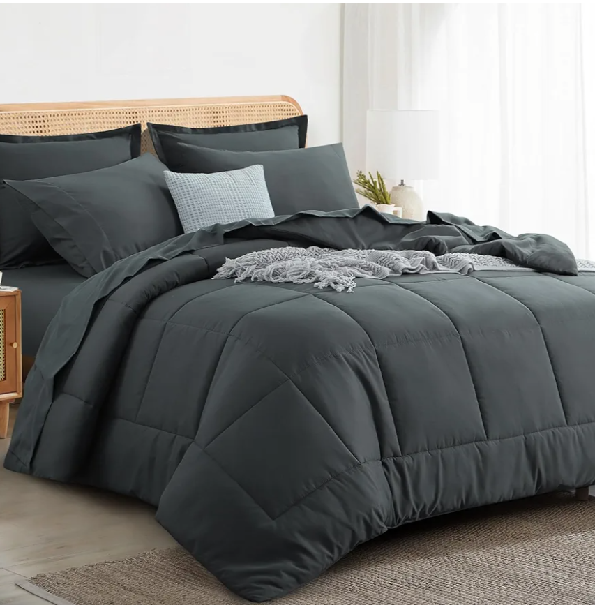 RUIKASI King Size Comforter Set - 7 Pieces Bed in a Bag Dark Grey All Season King Bedding Set with Comforter, Pillow Shams, Flat Sheet, Fitted Sheet and Pillowcases