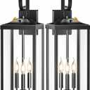 2 Packs 24" Extra Large Dusk to Dawn Light Fixture 3-Light, Black Outdoor Porch Lantern Wall Mounted, Waterproof Modern Outside Wall Sconce Coach Lamp with Tempered Glass for House, E12