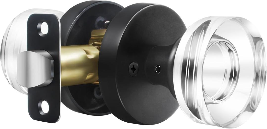 Matte Black Crystal Door Knobs Passage Door Knobs Interior, Round Vintage Glass Door Knob Black Door Handle for Hallway Pantry Closet Door Knob (1 Pack Passage)