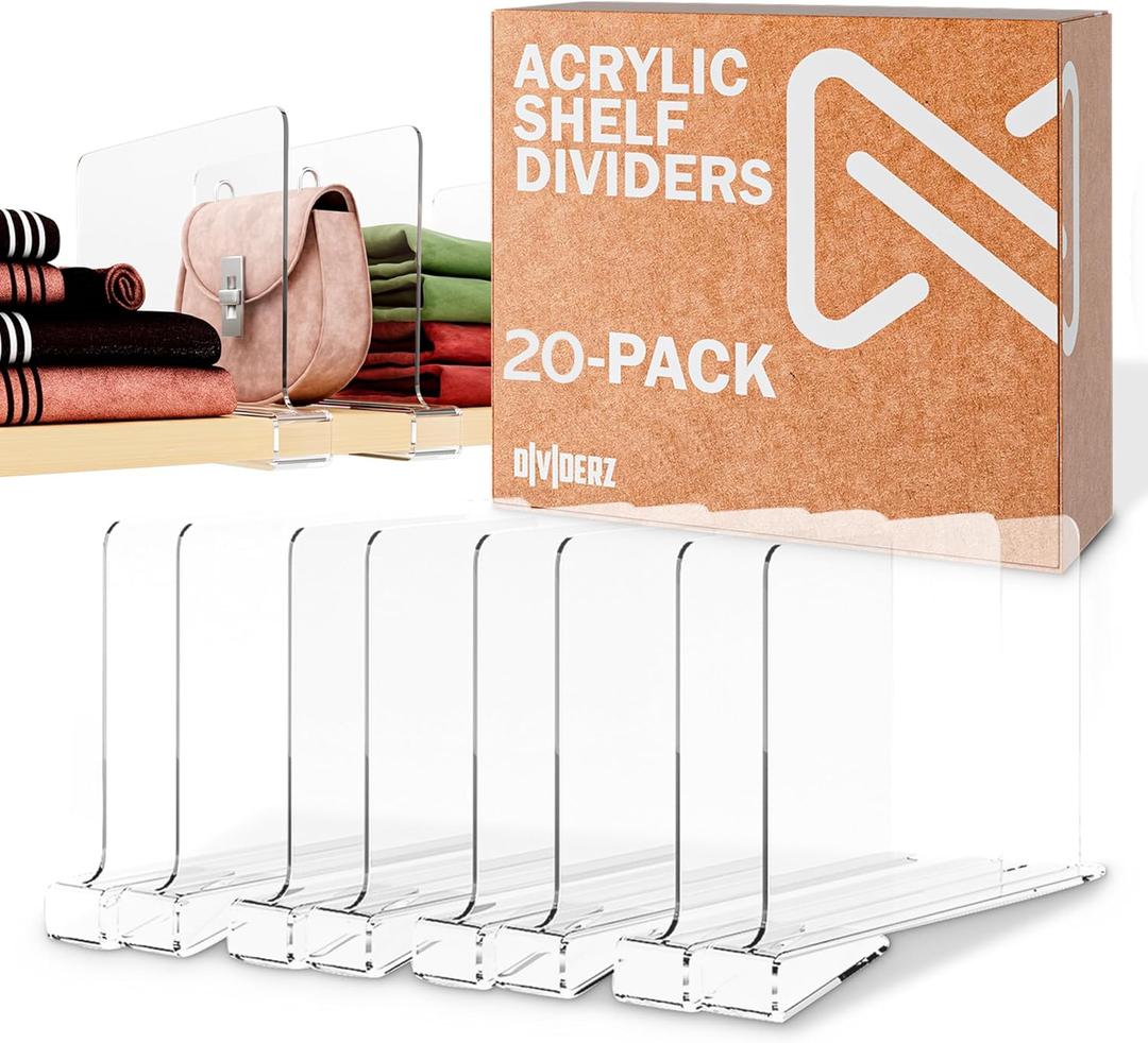 Acrylic Shelf Dividers for Closets - Clear Shelf Dividers for Wooden Shelves & Linen Closet Organizer - Sturdy and Easy Set-Up Closet Dividers (20-Pack)