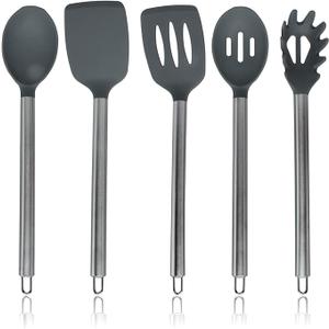 Silicone Cooking Utensils, Kitchen Utensil Set, Easy to Clean Silicone Kitchen Utensils, Cooking Utensils for Nonstick Cookware, Kitchen Gadgets Set, 5 Pieces, Gray - Stainless Steel