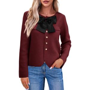 Saodimallsu Womens Button Down Cropped Cardigan Sweaters Cute Bow Long Sleeve Crew Neck Knit Sweater Jacket Coat (X-Large, Burgundy)