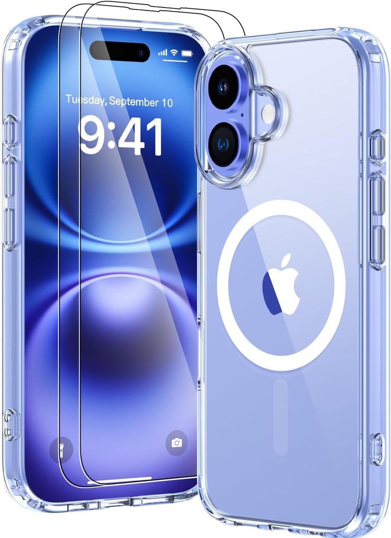 for iPhone 16 Case,Slim Clear Magnetic Protective Cover,(Compatible with MagSafe),Military-Grade Shockproof Anti-Yellowing Protection,with 2X Screen Protectors,Transparent for 6.1"
