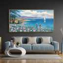 XLSJERST Landscape Wall Art - Blue Ocean Pink Flower Sailboat Mountain Tree Wall Decor Orange Frame Artwork for Wall Large Picture for Living Room Bedroom Home Office Wall Decoration Size 20x40 (Blue-green)