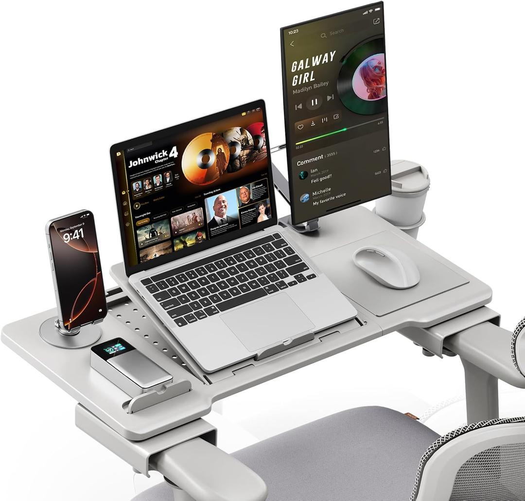 Newtral Home Office Laptop Desk for T-Shape Office Chair, Adjustable Portable Table Tray with Wrist Rest, Mouse Pad and Cup Holder, Stand for Working, Writing and Gaming (Grey, Standard) (Gray)