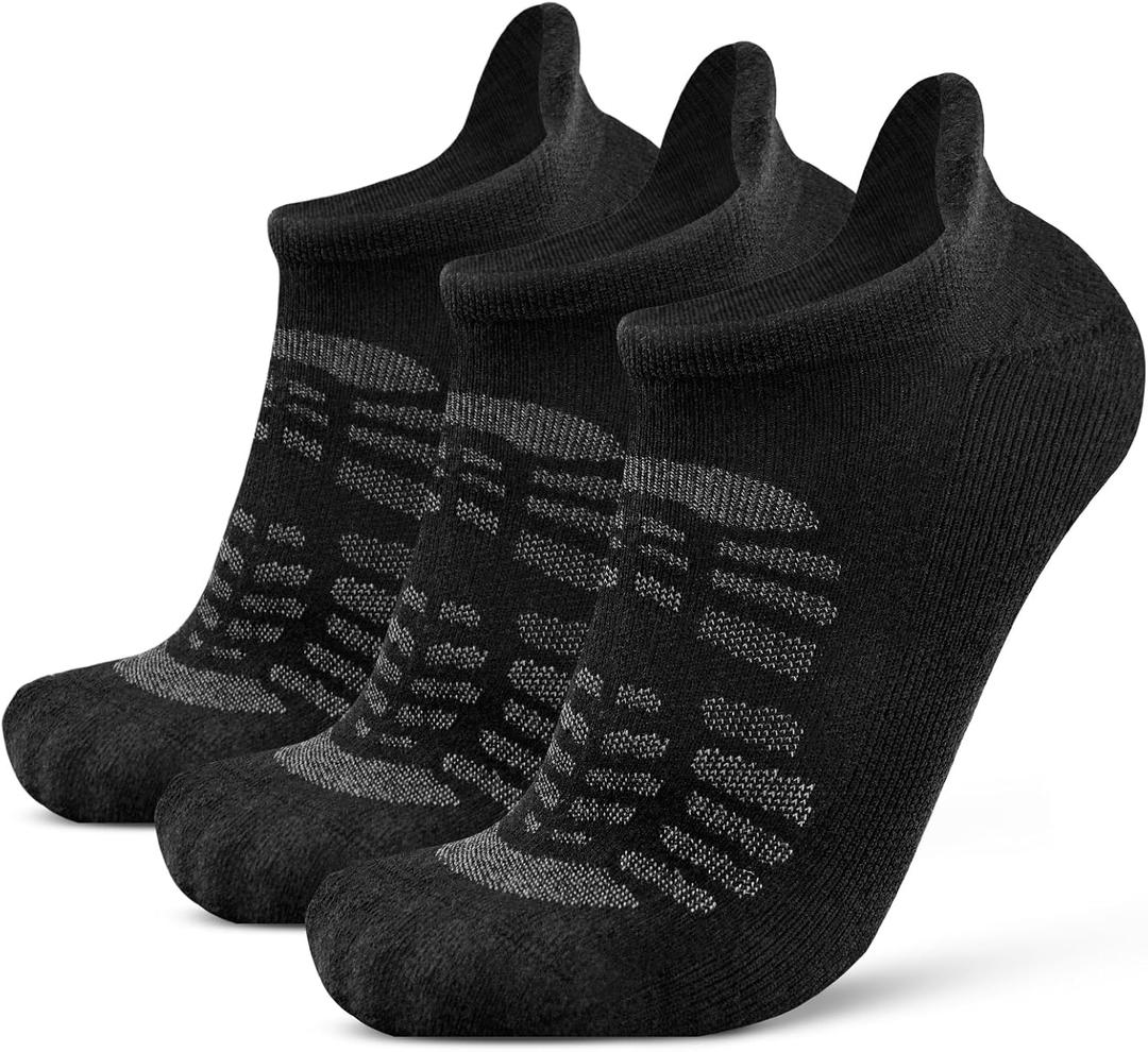 Busy Socks 3 Pack Men's Ankle Merino Wool Hiking Athletic Socks for Women Ladies Low Cut Padding Sport Running Wool Socks for Tennis Golf Cycling Walking, Large, Black