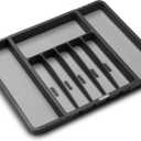 madesmart Expandable Silverware Tray, Adjustable Utensil Organizer for Drawers, Soft-Grip Lining, Non-Slip Base, Durable and Easy to Clean, Grey (Granite)