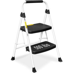 SocTone 2 Step Ladder, Folding Step Stool for Adults with Handle, Lightweight, Perfect for Kitchen& Household, 500lbs Capacity Sturdy Steel Ladder, White