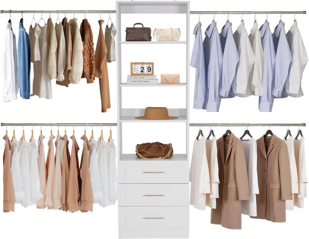 VEVOR Closet System with 3 Drawers, Adjustable Height Wooden Closet Organizers, Modern Walk-in Wardrobe Organization with 4 Retractable Clothes Hanger Rods, Freestanding Garment Rack Storage, White