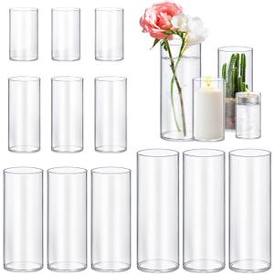 Pack of 10 Glass Cylinder Vases 4,6,8,10 Inch Tall Clear Flower Vase Hurricane Floating Candle Holder for Table Centerpiece Wedding Home Decor.