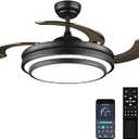 Liokoc Modern Fandelier Ceiling Fans with LED Light and Remote APP Control, Crystal Chandelier Fan Retractable Blades Quiet DC Motor for Bedroom, Living Room, 42 Inch Blade Span(Black)