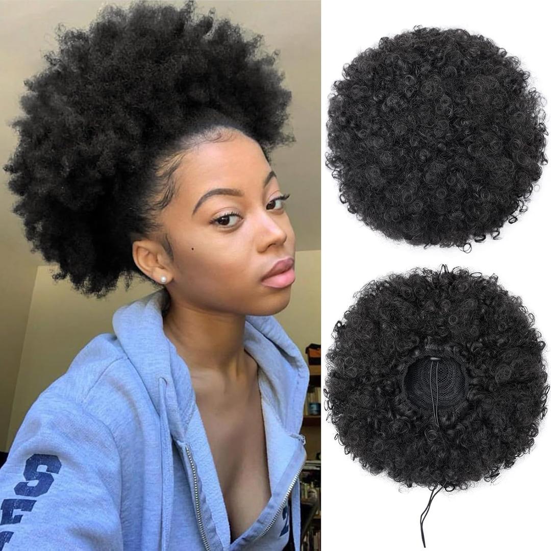 AISI QUEENS Afro Puff Clip On Synthetic Ponytail Extension for Black Women, Natural Black Short Kinky Bun Lightweight Synthetic Updo Hairpiece for Daily Wear.(1B#) (Extra Large)