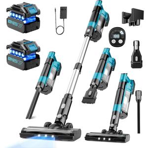 Cordless Vacuum Cleaners for Home with 2*Battery 8000mAh, Brushless Rechargeable Stick Vacuum with 3 Mode, 6 In 1 Portable Handheld Cordless Vacuum for Pet Hair /Hardwood Floor/Dorm/Carpet (Blue)