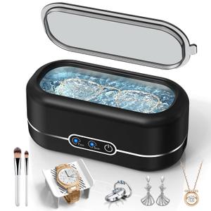 Miorcols Ultrasonic Jewelry Cleaner, 48KHz Jewelry Ultrasonic Cleaner Machine for All Jewelry, Glasses, Rings, Retainers, Watch Strap, Dentures, 304 Stainless Steel 12oz Cleaning Pod - Black