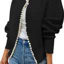 ZESICA Women's Open Front Cardigan Sweater 2026 Spring Casual Knitted Long Sleeve Pearls Trim Outerwear Coat Trendy Clothes (Black), Small