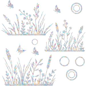 15PCS Flower & Grass Window Clings - Anti-Collision Decals to Save Birds, Non-Adhesive Prismatic Vinyl