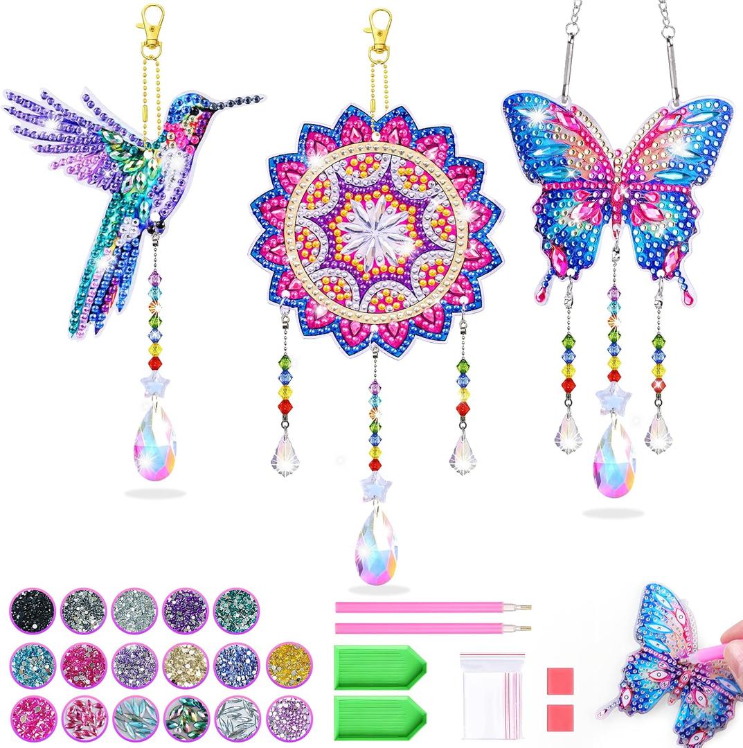 Crafts for Girls 8-12, Diamond Art Kits for Girls Ages 8-12, 3 PCS Diamond Art, DIY Suncatchers & Wind Chime Kits for Kids, Great Arts & Crafts Birthday Gift, Pretty Home/Garden/Backpack dcor
