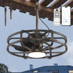 20" Outdoor Ceiling Fan with Light – Waterproof Plug-In Smart Fan for Porch, Pergola & Gazebo, 4CCT Color Adjustable, Alexa & Google Compatible, Caged Design, Brushed Gold Finish
