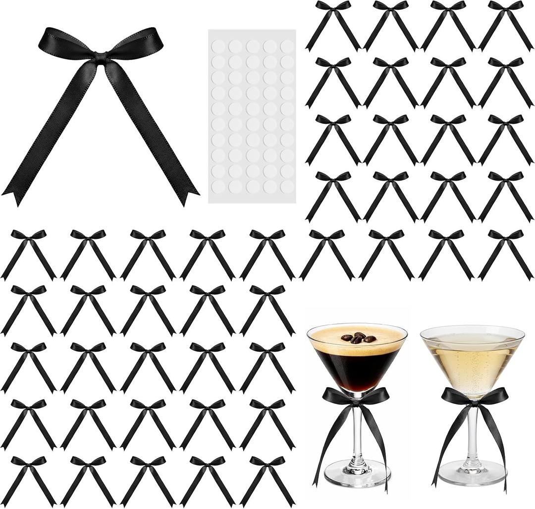 Riceshoot 50 Pcs Black Mini Bows for Wine Glasses 2.55''x3.54'' Satin Ribbon Bow with Adhesive Dots for Champagne Glass Candle Holder Wine Glass Bow for a Tini Bit Older Espresso Martini Party Decor