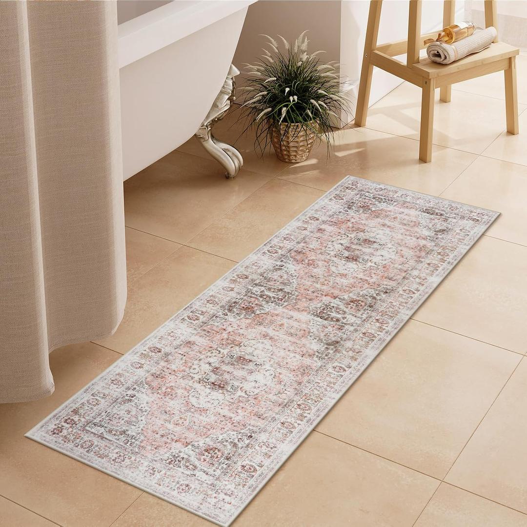 Uphome Bathroom Rugs Runner, Distressed Farmhouse Boho Blush Pink Bath Mat, Non Slip Washable Long Bath Rugs, Vintage Traditonal Soft Bathroom Runner for Bathtub Sink Shower, 18x47 inch