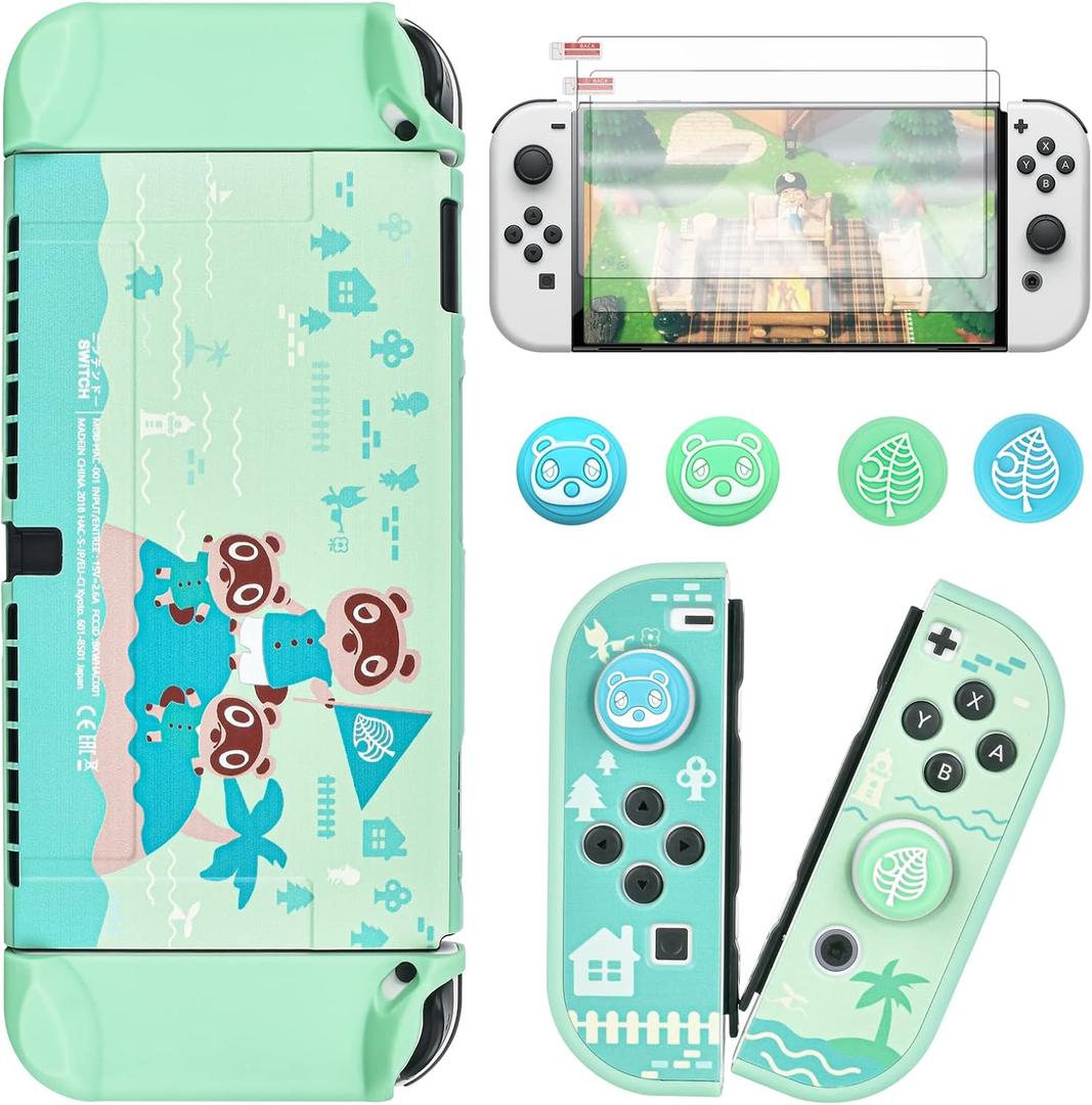 DLseego Animal Crossing Switch OLED Case Protective Cover Dockable Hard Shell Joy Con Skin Accessory With 4PCS Thumb Grips Caps and 2PC Screen Protectors (Green)