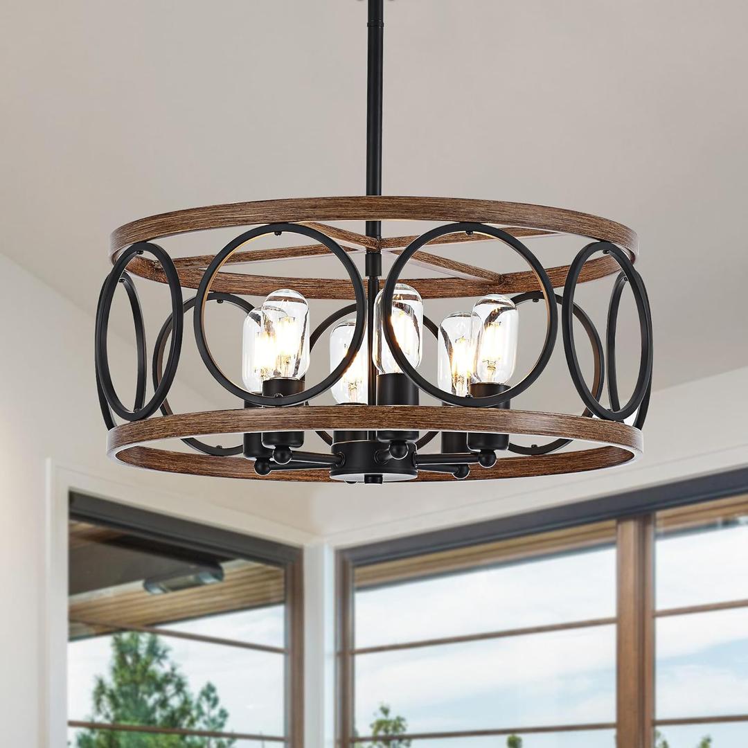 6-Light Farmhouse Drum Pendant Light,19.7'' Nature Wood Texture Vintage Rustic Chandeliers Black Metal Industrial Hanging Light Fixtures for Entryway, Bedroom Dining Room