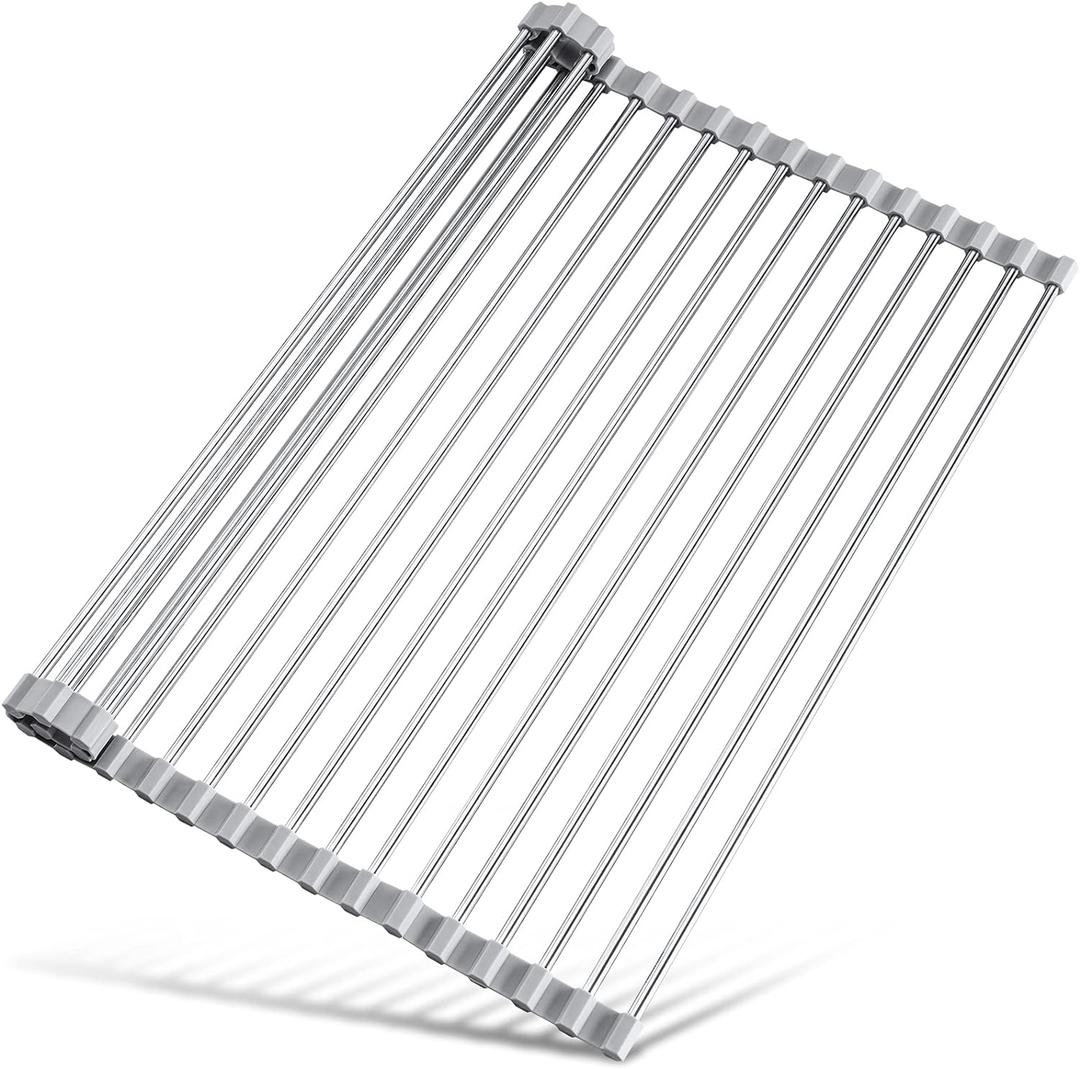 Tomorotec 17.7" x 15.5" Roll Up Dish Drying Rack Over Sink Drying Rack Sink Cover Kitchen Sink Accessories Gadget Multipurpose Organizer Foldable Stainless Steel Drainer (Grey) (Gray)