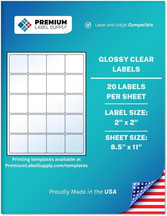 Premium Label Supply Glossy Clear Sticker Square Labels  2" x 2"  Laser/Inkjet Compatible  (20 per Sheet), 10 Sheets  200 Total Adhesive Labels