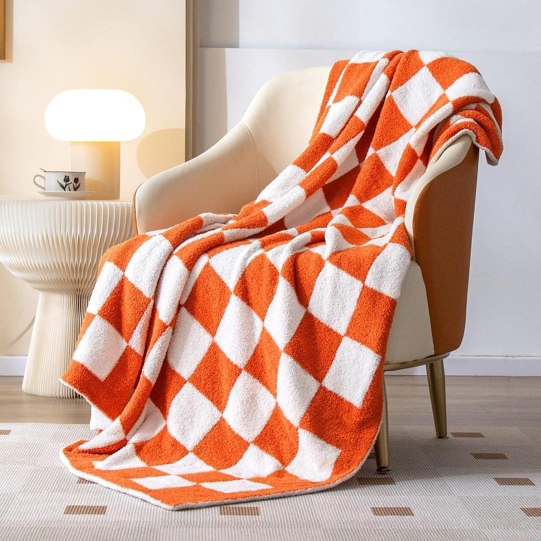 SeaRoomy CheckeredThrow Blanket, Soft Fluffy Microfiber Knit Throw Blanket for Couch Bed, Warm Cozy Reversible Checkerboard Knitted Blanket Room Decor(Burnt Orange, 51"63")