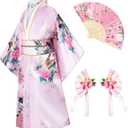 Japanese Traditional Dress Kimono Robe for Kids Girls Costume (8-9Years(140cm), Type2-pink)