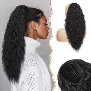 BARSDAR Black Brown Curly Wavy Drawstring Ponytail Extension – 22 Inch Synthetic Comb Clip in Ponytail Hair Extensions for Women, Voluminous Fluffy Bohemian Pony Tails Hairpieces Daily Party
