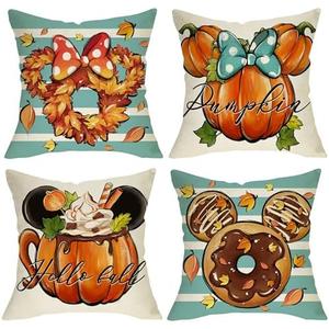 Fjfz Hello Fall Pumpkin Decorative Throw Pillow Covers 20 x 20 Set of 4, Autumn Wreath Doughnut Hot Cocoa Porch Outdoor Home Decor, Blue Stripes Maple Leaves Seasonal Couch Cushion Case