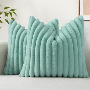 decorUhome Summer Cozy Faux Fur Throw Pillow Covers 16x16 Set of 2 Decorative Soft Plush Striped Modern Farmhouse Boho Couch Pillow Cases with Velvet Back for Sofa Bed Living Room, Aqua