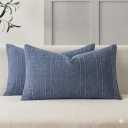 MIULEE Decorative Linen Check Lumar Throw Pillow Covers Neutral Farmhouse Vintage Pillow Covers 12x20 Set of 2 Boho Modern Home Decor for Sofa Couch Bedroom Cushion  Blue