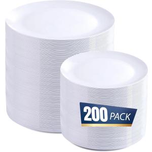 BUCLA 200PCS White Plastic Plates - Heavy Duty White Disposable Include 100 Dinner 10inch & 100 Dessert 7inch Plates, Ideal for Wedding&Party