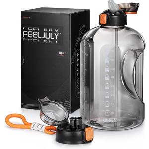 1 Gallon Water Bottle with Straw, 128 oz Large Water Jug with Times to Drink, Reusable Leak Proof with Handle, 2 Lids BPA Free Big Sports Bottles for Fitness Gym Camping (Grey, 128 Ounces)