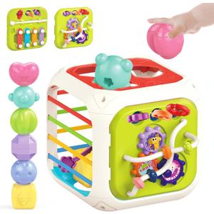 MINGKIDS 7 in 1 Montessori Toys for Toddlers 1 Year, Shape Sorter, Colorful Stacking and Pull String Toys, Car Travel Toys, Christmas Birthday Gifts for Toddler, Stocking Stuffer