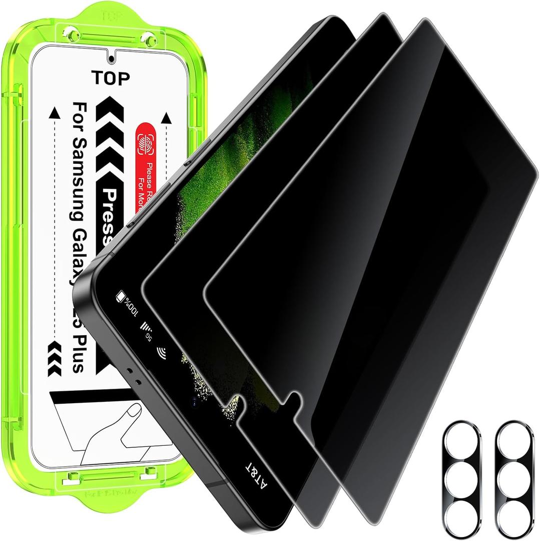 Esanik [2+2 Pack Privacy Screen Protector for Samsung Galaxy S25 Plus 6.7'' Anti Spy PET Film(NOT Glass) with Easy Installation Frame + Camera Lens Protector Fingerprint ID Compatible