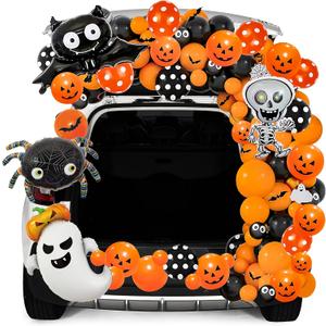 JOYIN Halloween Trunk Or Treat Car Decorations Kit for SUV Halloween Decor Outdoor Bat Ghost Spider Skeleton Pumpkin Balloons, Stickers Haunted House Door Archway Entryway Foil Dot Glue
