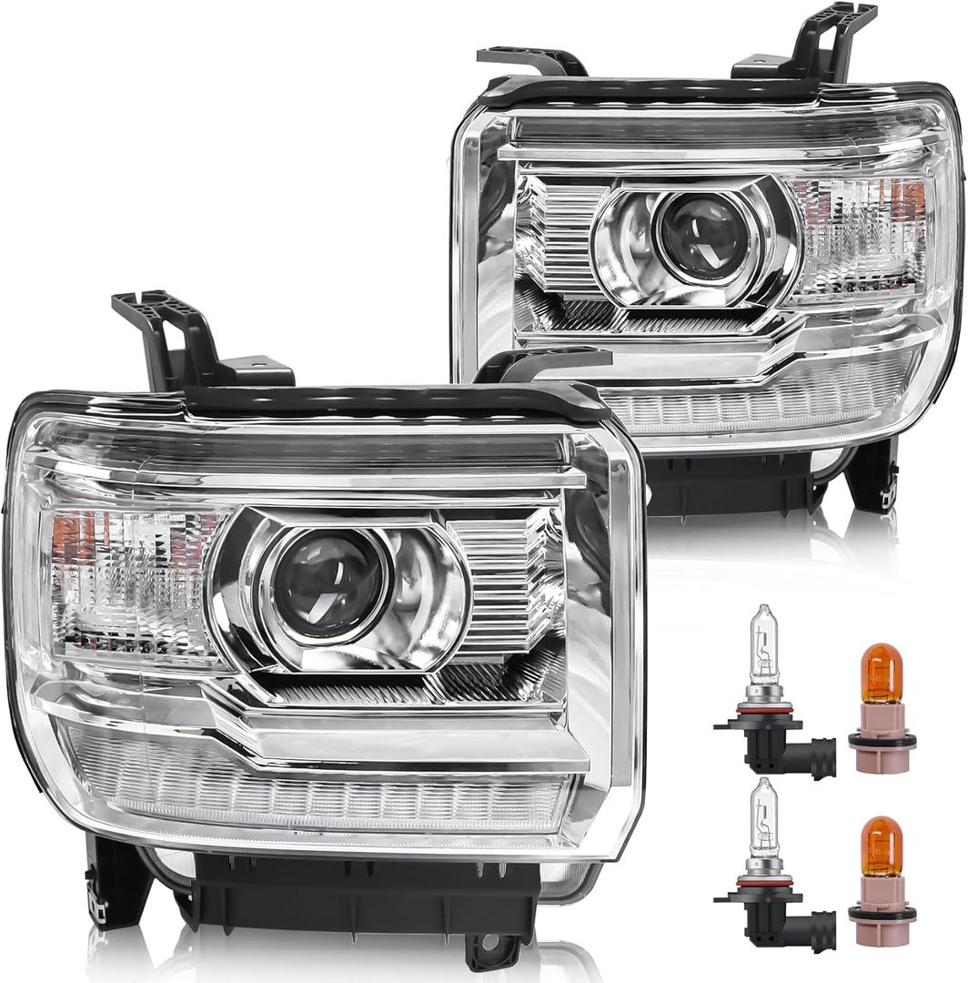 Headlight Assembly with LED DRL Compatible with GMC Sierra 2014-2018 1500 | 2015-2019 2500HD/3500HD Base/Denali/SLE/SLT, Headlamp Replacement with LED DRL, with Bulbs, Chrome Housing White Reflector