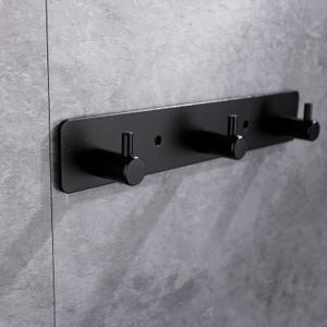 Adhesive Bathroom Black Hook Rail, 3 Matte Black Wall Key Hooks Rack Hanger Towel Robe Stick Door Hooks for Bathroom Toilet Entryway Hallway Kitchen Wall Mounted