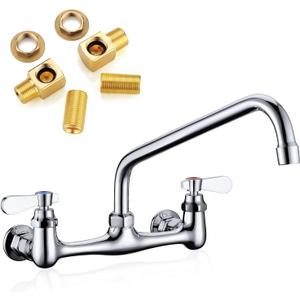 Wall Mount Faucet 8 Inch Center Commercial Kitchen Faucet, 12 Inches Swivel Spout Wall Mounted Restaurant Sink Faucets 2 Handle Commercial Faucets for Laundry Utility (Polished, 12")