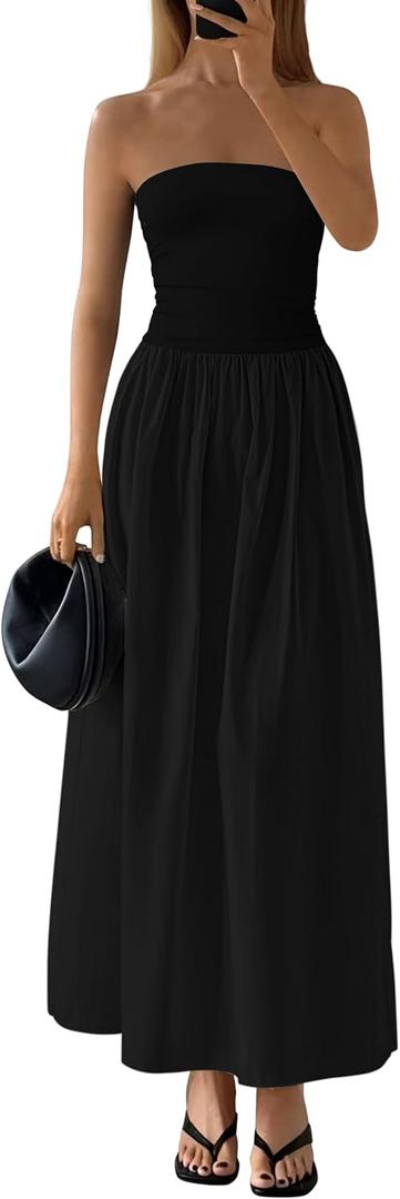 PRETTYGARDEN Women 2026 Summer Elegant Strapless Maxi Dress Tube Top Dress A Line Flowy Long Wedding Party Cocktail Dresses(Black, Small)