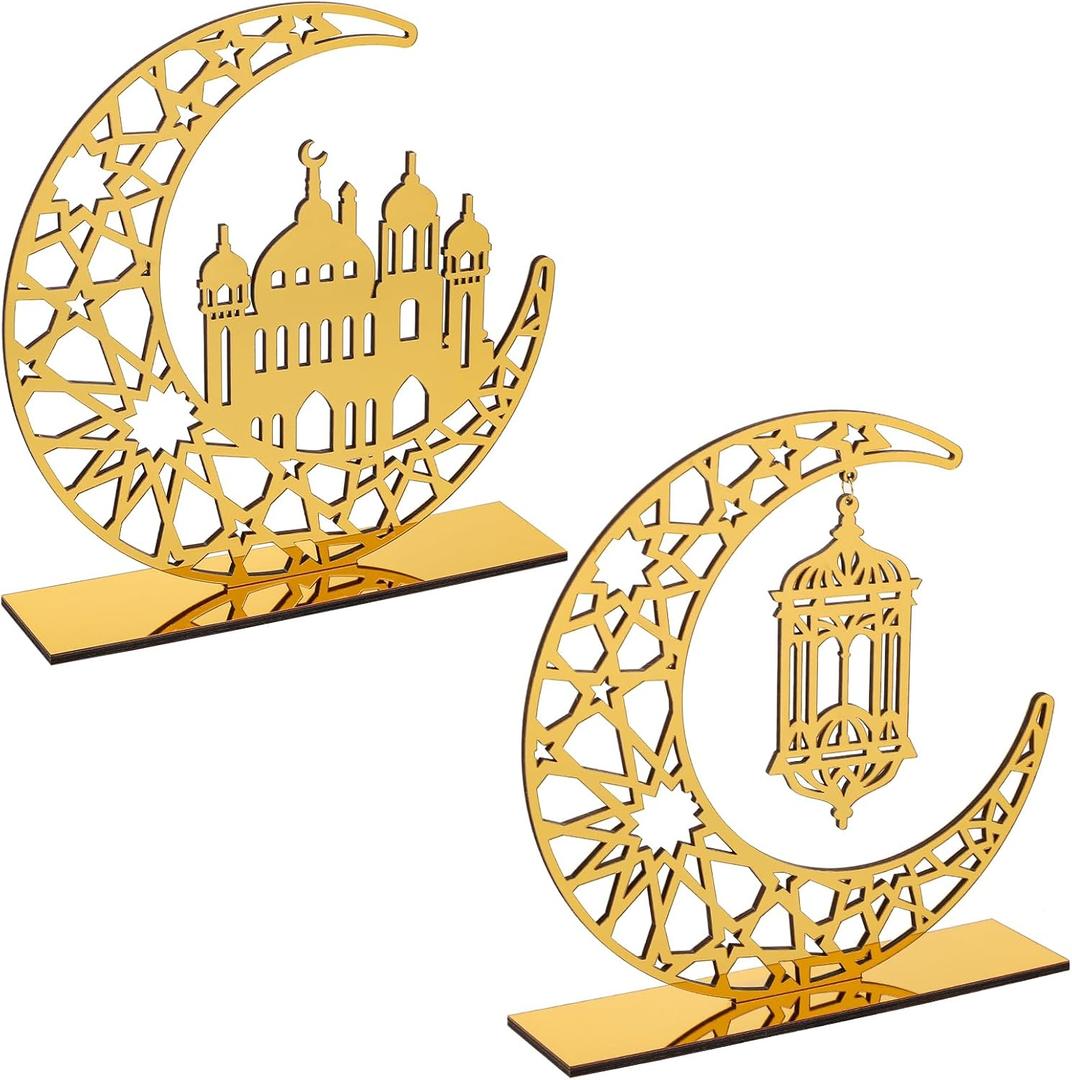 2 Pieces Acrylic Ramadan Decorations Islamic Eid Mubarak Kareem Table Sign Moon Hollow Star Ornament for Muslim Party Tabletop Decor Home Art Craft Decoration Golden Moon