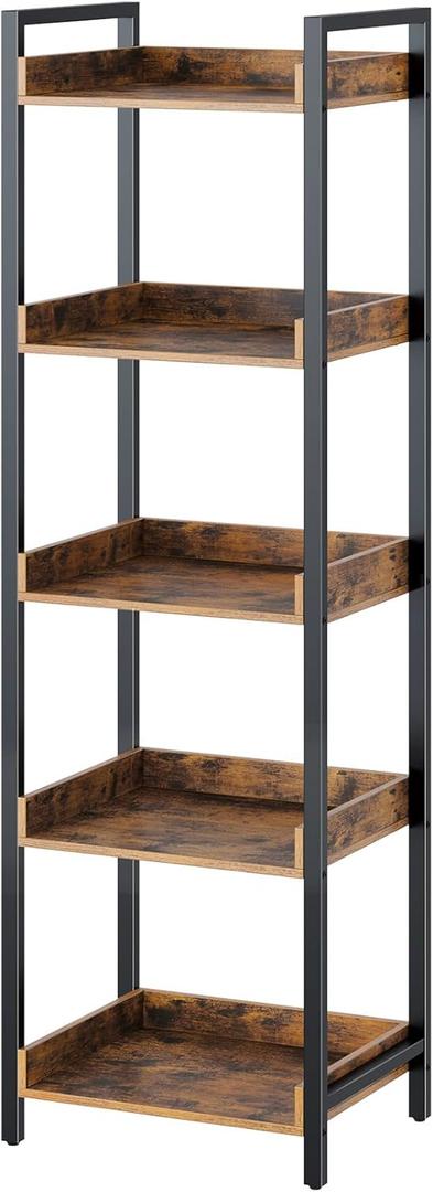 Rolanstar Bookshelf, 5-Tier Storage Rack, Narrow Corner Bookshelf, Display Wooden Shelves for Living Room, Bathroom, Balcony, Kitchen,Rustic Brown (5 Tier - 15.0"W, Rustic Brown)