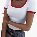 Avanova Women Ringer Scoop Neck Tee Shirts Short Sleeve Ribbed Knit Slim Fit Top XL